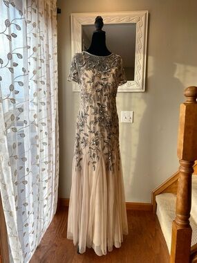 Adrianna Papell Nude Tulle Maxi Dress with Silver Beaded Floral Embroidery
